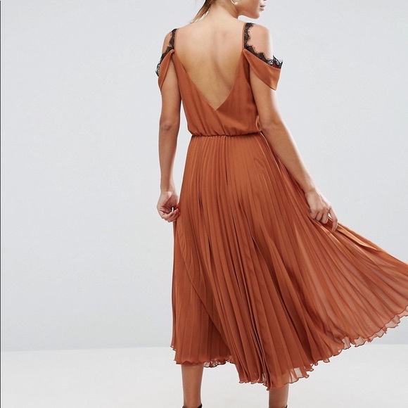 ASOS Lace Trim Pleated Midi Skater Dress - Picture 2 of 6